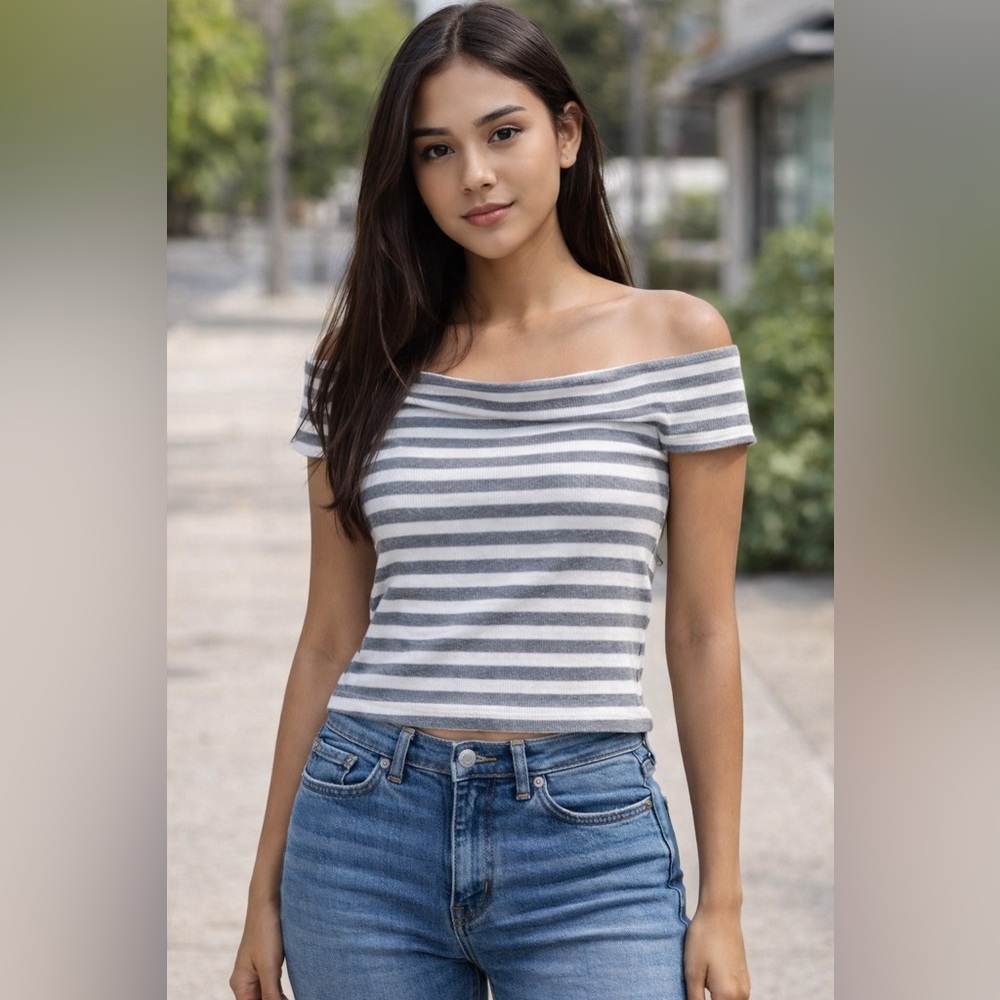 NWOT Popular Basics Gray and White Striped Top